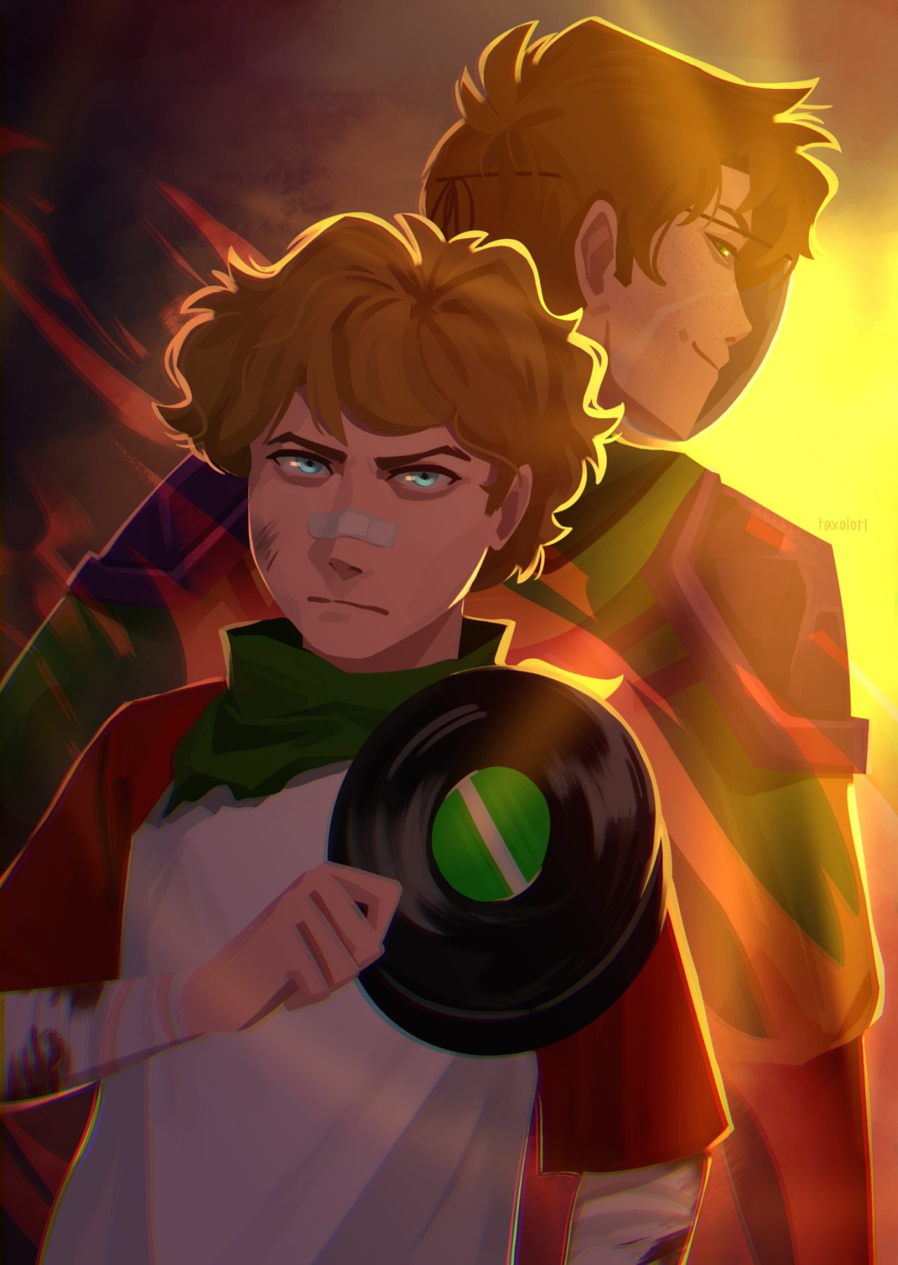 This is a drawing of Tommy and Dream from the waist up. Tommy is looking determinedly at the camera, dirty and scuffed with a bandaid across his nose. He holds his two music discs across his chest. Dream stands back-to-back with him in full netherite armor, looking over his shoulder and down at Tommy, smiling smugly. The audience can see his face, but the other half of his face, the side away from the camera, wears his white mask. There is a big lense flare over Dream's shoulder, obscuring some of the details. The rest of the background is dark and smoky or dusty.